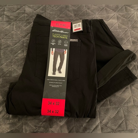 NWT Eddie Bauer Men's Water Repellent Fleece Lined Tech Pants. 34x32. Black. - Picture 2 of 4